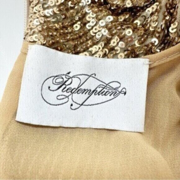 Redemption Runway Gold Sequin Draped Floral Turtleneck Mini Dress Size L - Picture 11 of 16